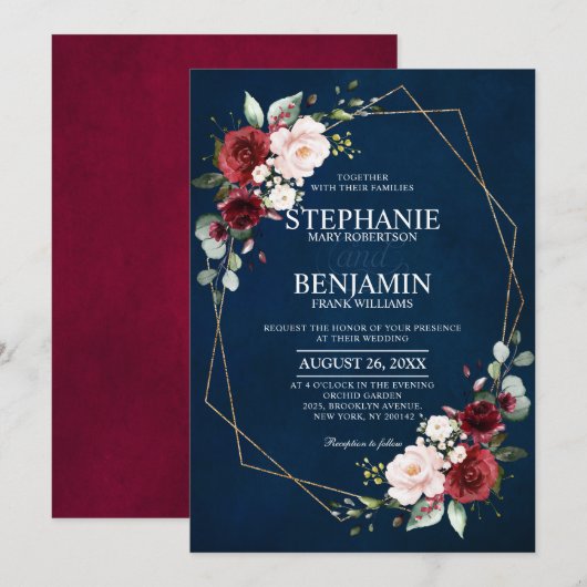 Romantische Waterverf Burgundy Navy Floral Geometr Kaart (Voorkant / Achterkant)