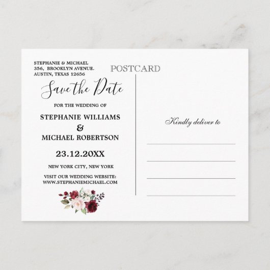 Romantische Waterverf Burgundy Red Blush Roos Flor Aankondigingskaart (Achterkant)