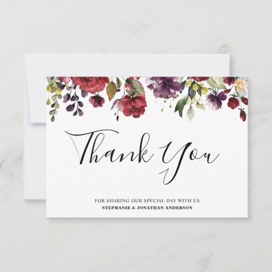 Romantische Waterverf Burgundy Red Blush Roos Flor Bedankkaart (Voorkant)