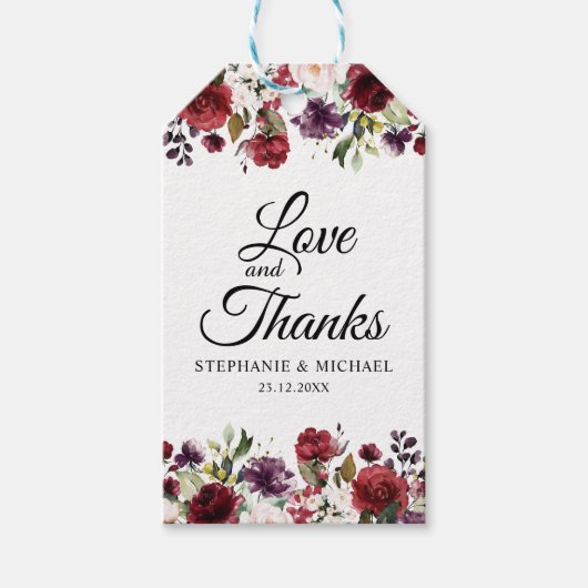 Romantische Waterverf Burgundy Red Blush Roos Flor Cadeaulabel (Voorkant)