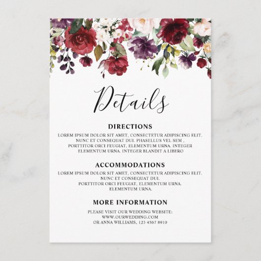 Romantische Waterverf Burgundy Red Blush Roos Flor Informatiekaartje (Voorkant)