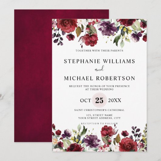 Romantische Waterverf Burgundy Red Blush Roos Flor Kaart (Voorkant / Achterkant)