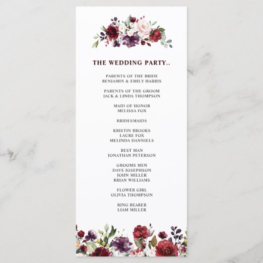 Romantische Waterverf Burgundy Red Blush Roos Flor Programmakaart (Achterkant)