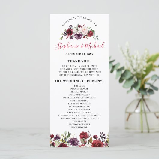 Romantische Waterverf Burgundy Red Blush Roos Flor Programmakaart (Staand voorkant)