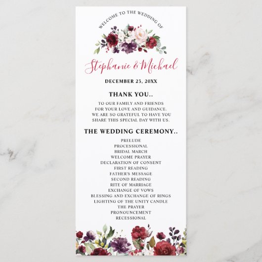 Romantische Waterverf Burgundy Red Blush Roos Flor Programmakaart (Voorkant)