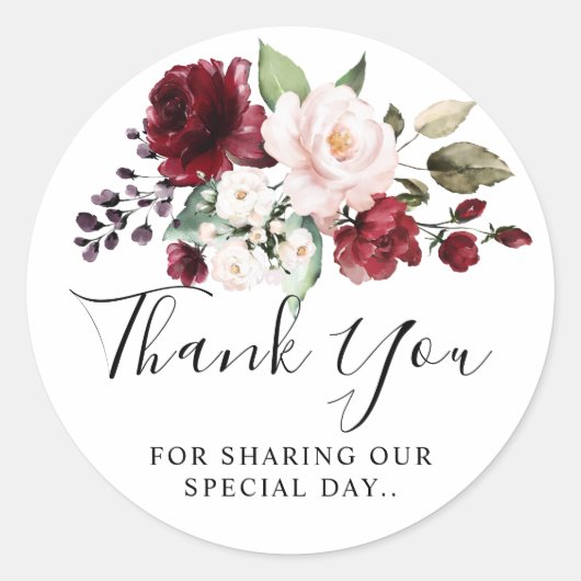 Romantische Waterverf Burgundy Red Blush Roos Flor Ronde Sticker (Voorkant)