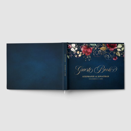 Romantische Waterverf Burgundy Red Navy Floral Gastenboek (Volledig)