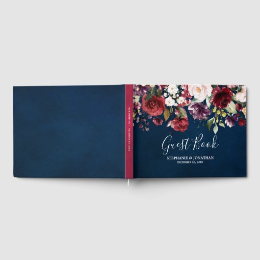 Romantische Waterverf Burgundy Red Navy Floral Gastenboek (Volledig)