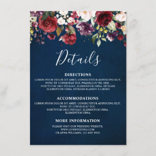 Romantische Waterverf Burgundy Red Navy Floral Informatiekaartje