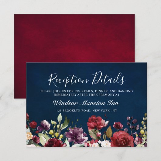 Romantische Waterverf Burgundy Red Navy Floral Kaart (Voorkant / Achterkant)