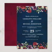 Romantische Waterverf Burgundy Red Navy Floral Kaart (Voorkant / Achterkant)