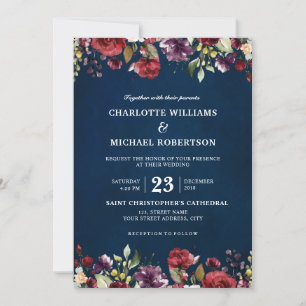 Romantische Waterverf Burgundy Red Navy Floral Kaart