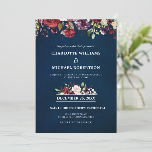 Romantische Waterverf Burgundy Red Navy Floral Kaart (Staand voorkant)