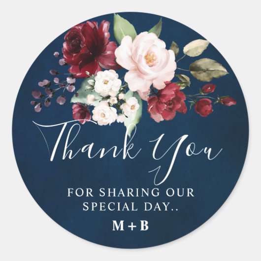 Romantische Waterverf Burgundy Red Navy Floral Ronde Sticker (Voorkant)