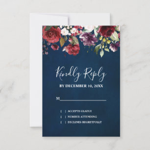 Romantische Waterverf Burgundy Red Navy Floral RSVP Kaartje