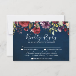 Romantische Waterverf Burgundy Red Navy Floral RSVP Kaartje