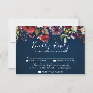 Romantische Waterverf Burgundy Red Navy Floral RSVP Kaartje