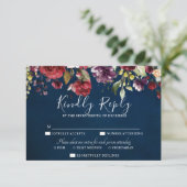 Romantische Waterverf Burgundy Red Navy Floral RSVP Kaartje (Staand voorkant)