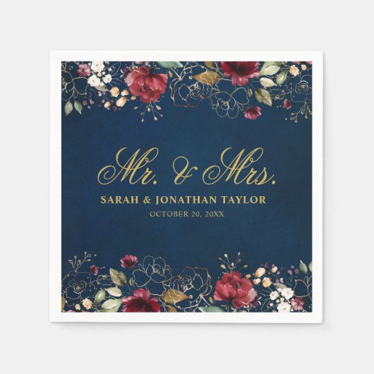 Romantische Waterverf Burgundy Red Navy Floral Servet (Voorkant)