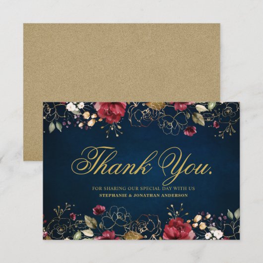 Romantische Waterverf Burgundy Red Navy Gold Flora Bedankkaart (Voorkant / Achterkant)