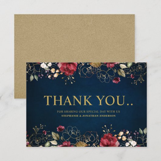 Romantische Waterverf Burgundy Red Navy Gold Flora Bedankkaart (Voorkant / Achterkant)