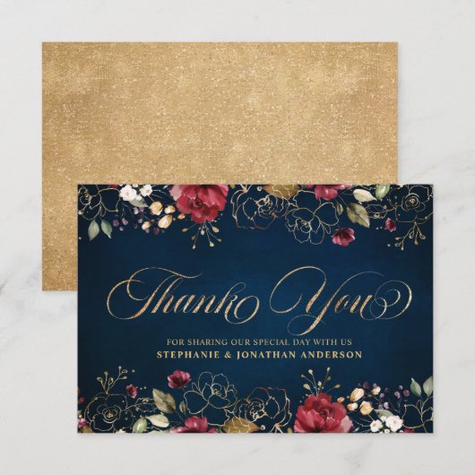Romantische Waterverf Burgundy Red Navy Gold Flora Bedankkaart (Voorkant / Achterkant)