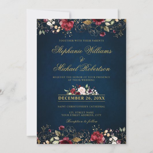 Romantische Waterverf Burgundy Red Navy Gold Flora Kaart (Voorkant)