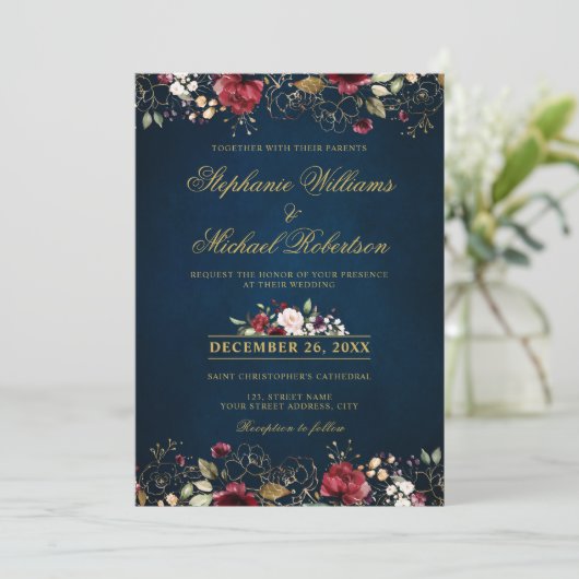 Romantische Waterverf Burgundy Red Navy Gold Flora Kaart (Staand voorkant)