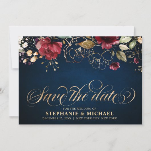 Romantische Waterverf Burgundy Red Navy Gold Flora Save The Date (Voorkant)