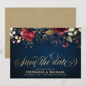 Romantische Waterverf Burgundy Red Navy Gold Flora Save The Date (Voorkant / Achterkant)