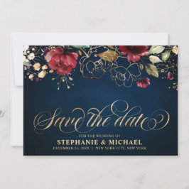 Romantische Waterverf Burgundy Red Navy Gold Flora Save The Date