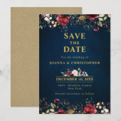 Romantische Waterverf Burgundy Red Navy Gold Flora Save The Date (Voorkant / Achterkant)