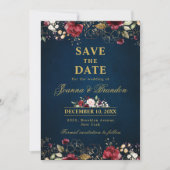 Romantische Waterverf Burgundy Red Navy Gold Flora Save The Date (Voorkant)