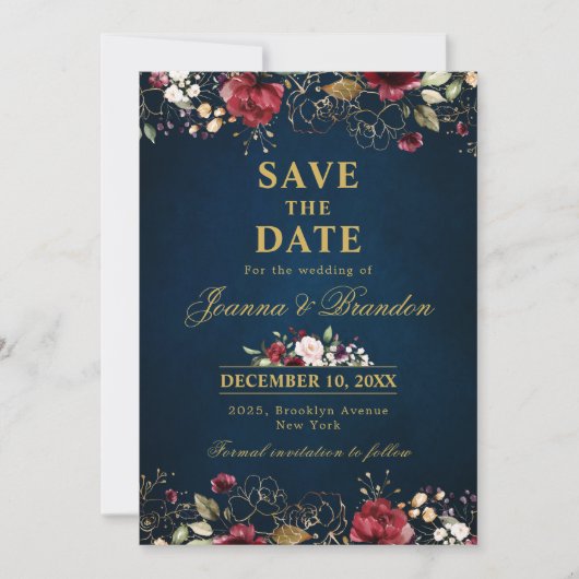 Romantische Waterverf Burgundy Red Navy Gold Flora Save The Date (Voorkant)