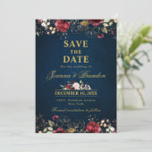 Romantische Waterverf Burgundy Red Navy Gold Flora Save The Date (Staand voorkant)
