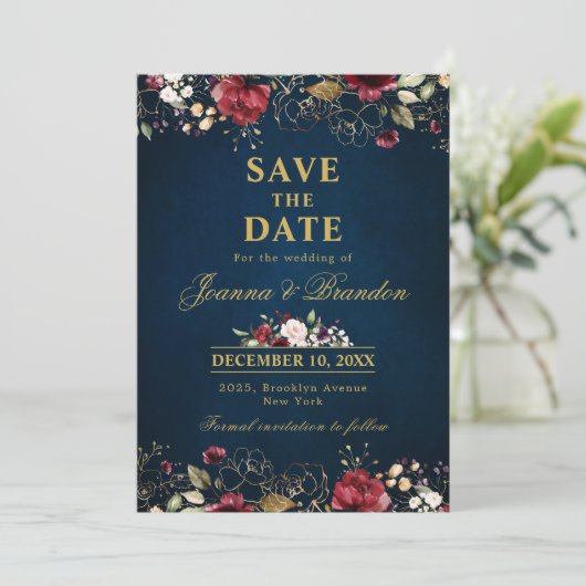 Romantische Waterverf Burgundy Red Navy Gold Flora Save The Date (Staand voorkant)