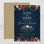 Romantische Waterverf Burgundy Red Navy Gold Flora Save The Date (Voorkant / Achterkant)