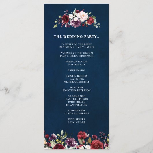 Romantische Waterverf Burgundy Red Navy Roos Flora Programmakaart (Achterkant)