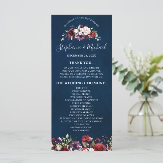 Romantische Waterverf Burgundy Red Navy Roos Flora Programmakaart (Staand voorkant)