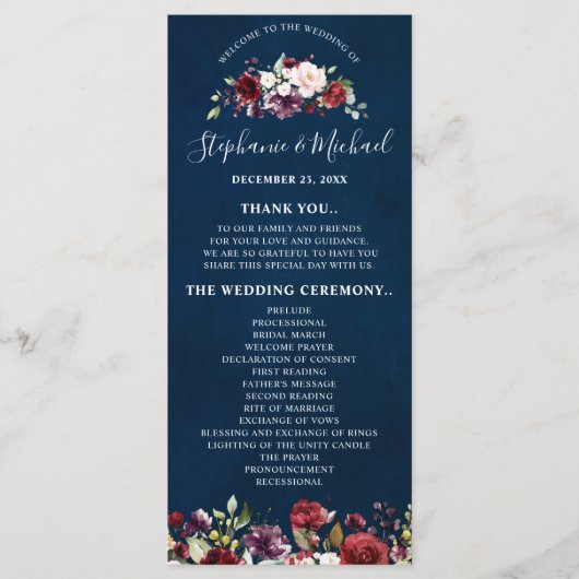 Romantische Waterverf Burgundy Red Navy Roos Flora Programmakaart (Voorkant)