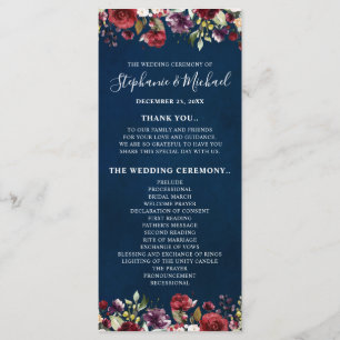 Romantische Waterverf Burgundy Red Navy Roos Flora Programmakaart