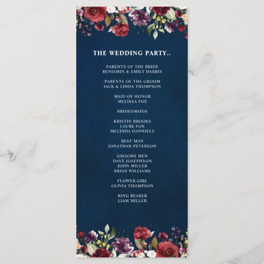 Romantische Waterverf Burgundy Red Navy Roos Flora Programmakaart (Achterkant)