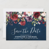 Romantische Waterverf Burgundy Red Navy Roos Flora Save The Date (Voorkant)