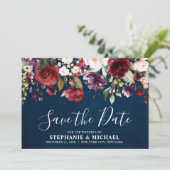 Romantische Waterverf Burgundy Red Navy Roos Flora Save The Date (Staand voorkant)