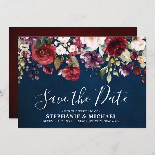 Romantische Waterverf Burgundy Red Navy Roos Flora Save The Date (Voorkant / Achterkant)