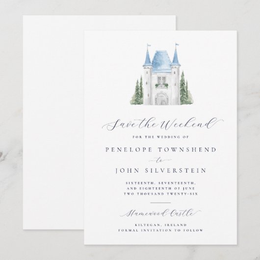Romantische Waterverf Castle Weekend Wedding Save The Date (Voorkant / Achterkant)