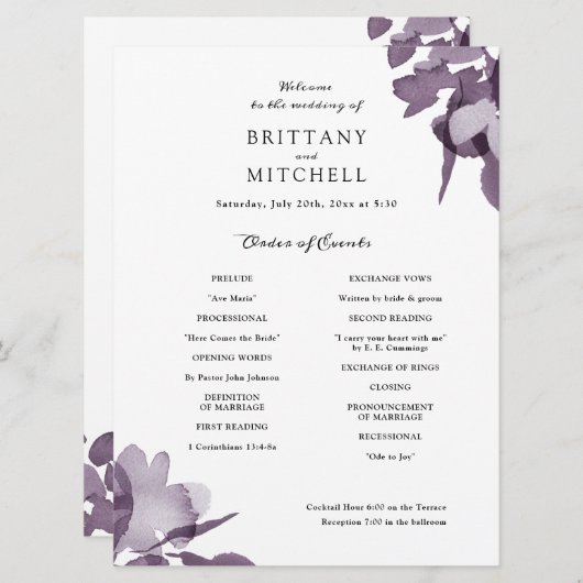 Romantische Waterverf Floral Amethyst-programma Kaart (Voorkant / Achterkant)