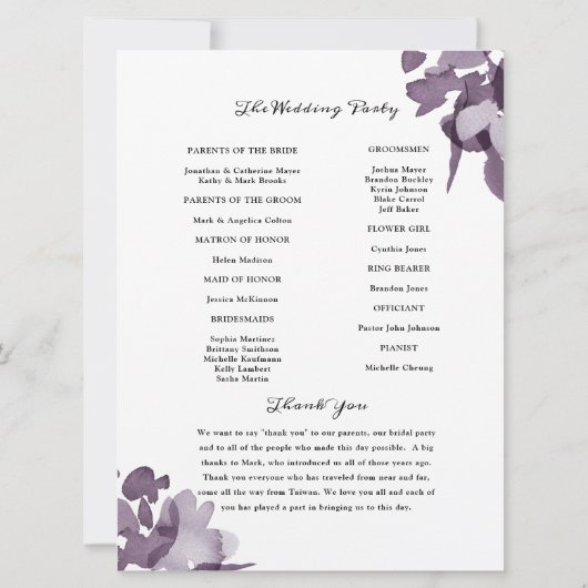 Romantische Waterverf Floral Amethyst-programma Kaart (Achterkant)