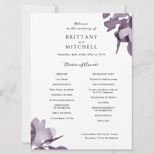 Romantische Waterverf Floral Amethyst-programma Kaart (Voorkant)