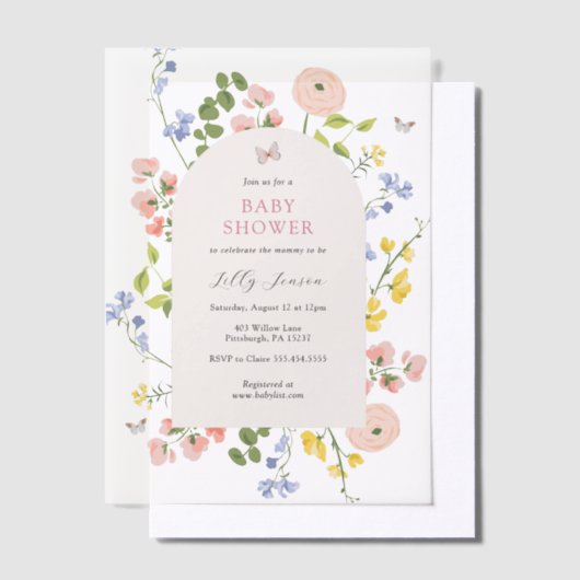 Romantische Waterverf Floral Baby shower Vellum Uitnodigingen (Offset)